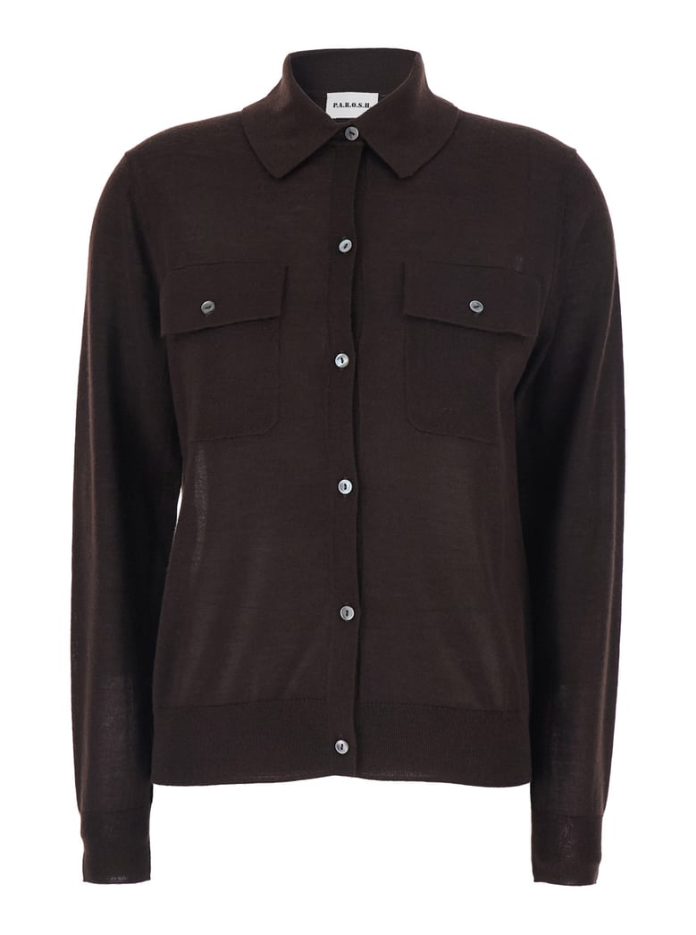polo-collar sweater, brown wool-blend by Selfnex