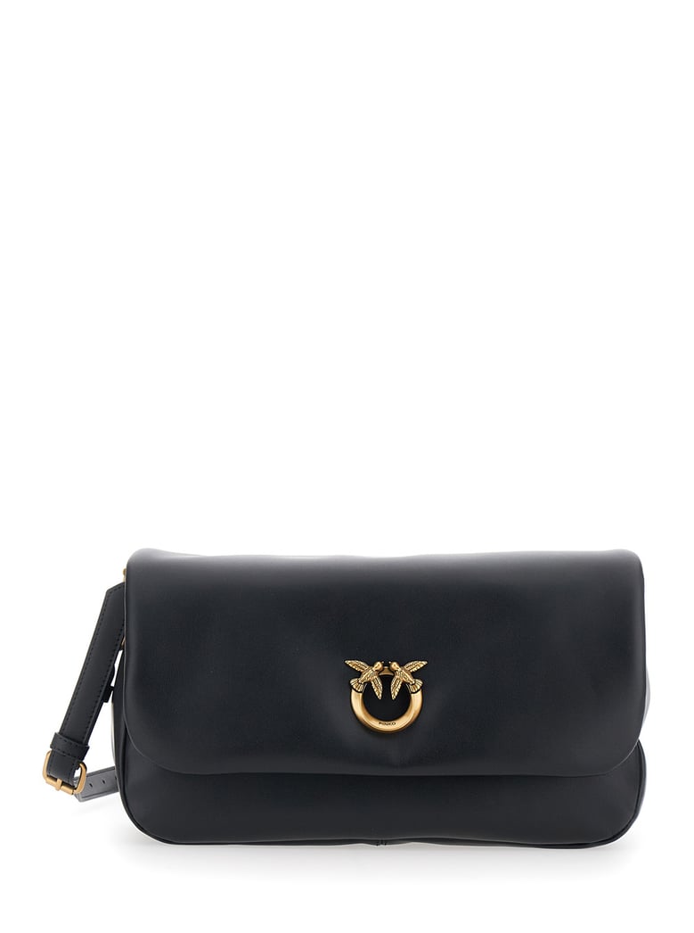 shoulder bag with love birds plaque black leather by Selfnex