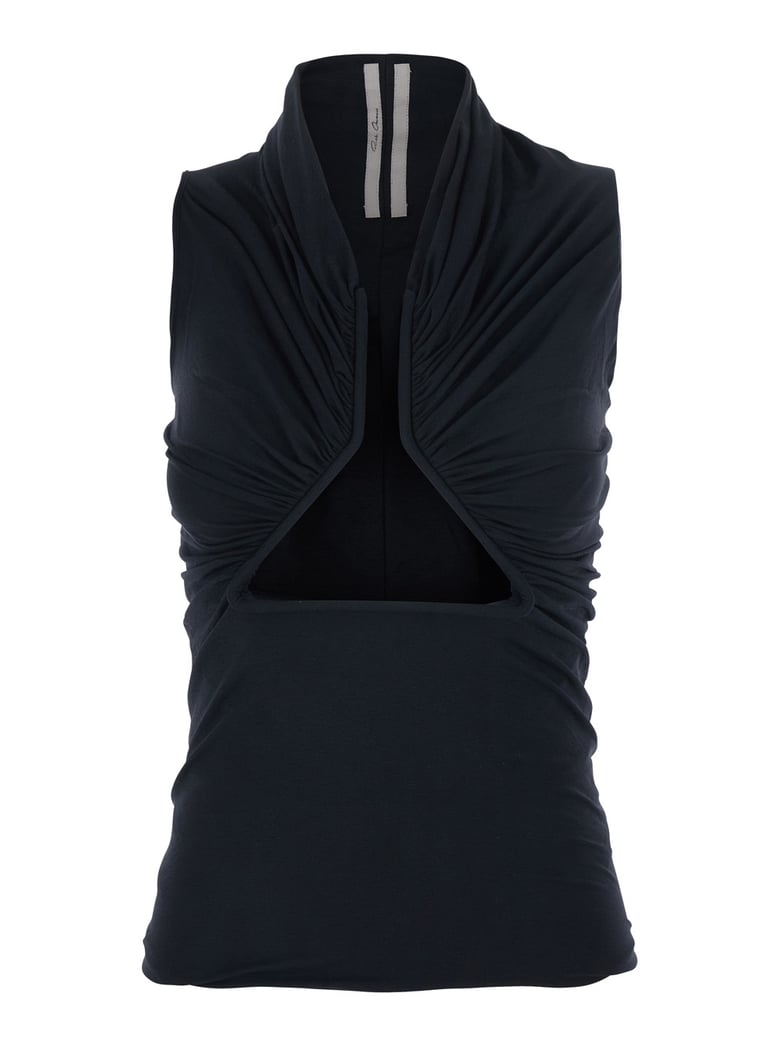 sleeveless top with ruching and front vent — black by Selfnex