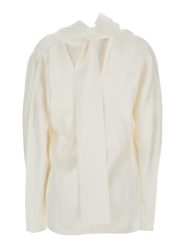 blouse with cowl neck, knot back — white by Selfnex