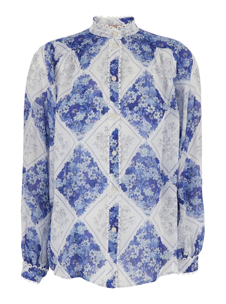 high neck shirt blue floral by Selfnex