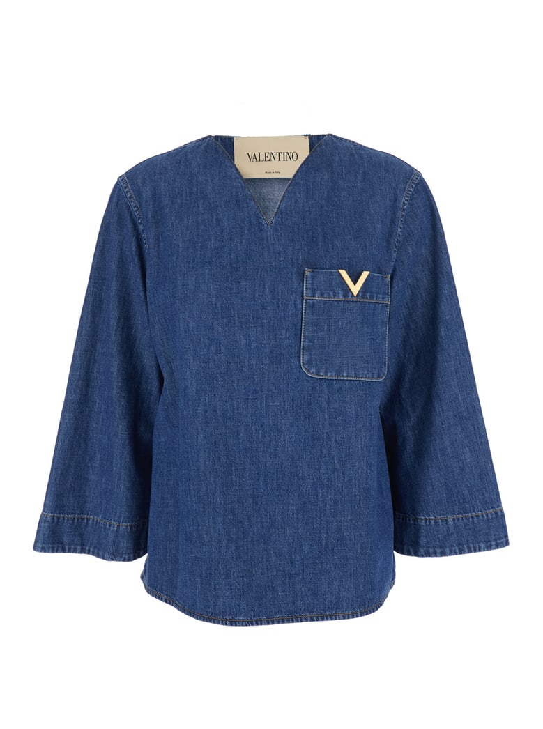 blouse v-neck blue cotton by Selfnex