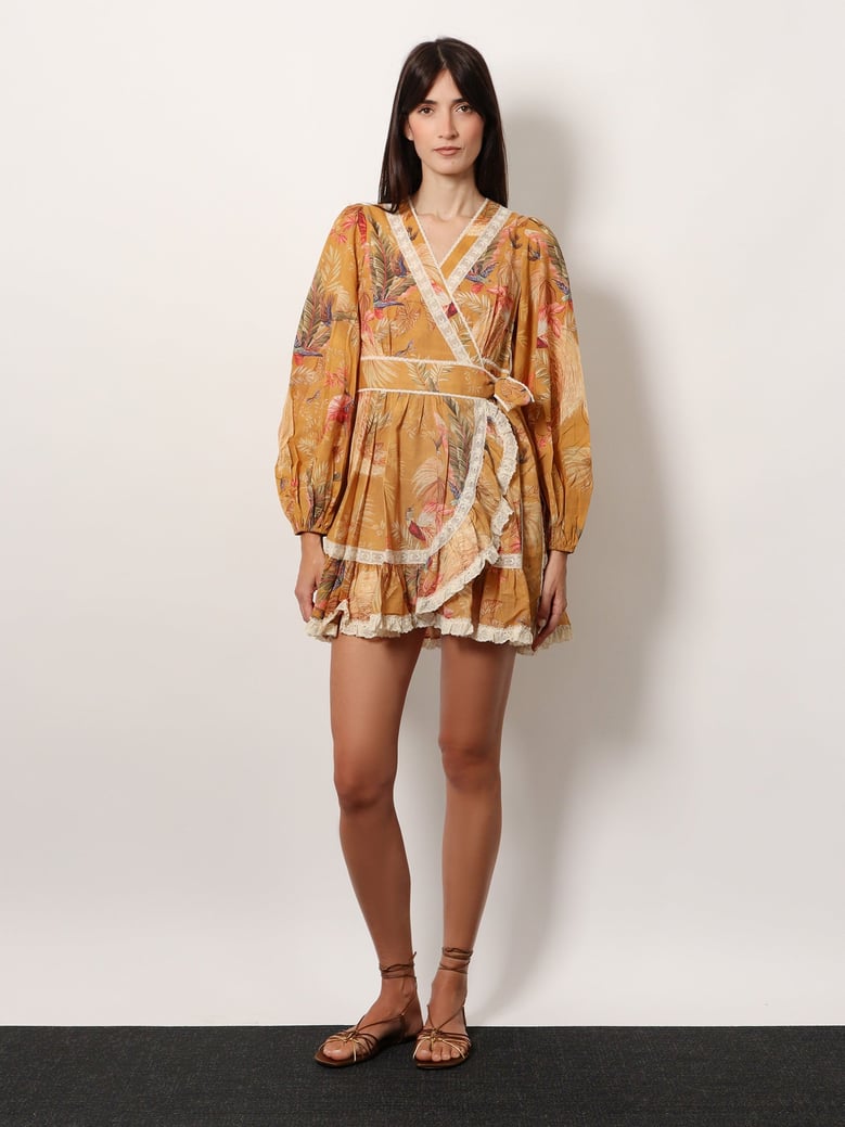frill cotton short dress with floral print by Selfnex