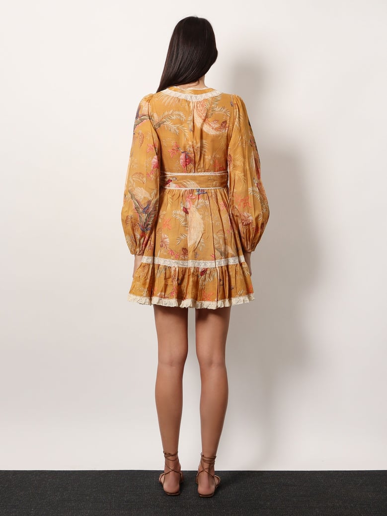 frill cotton short dress with floral print by Selfnex