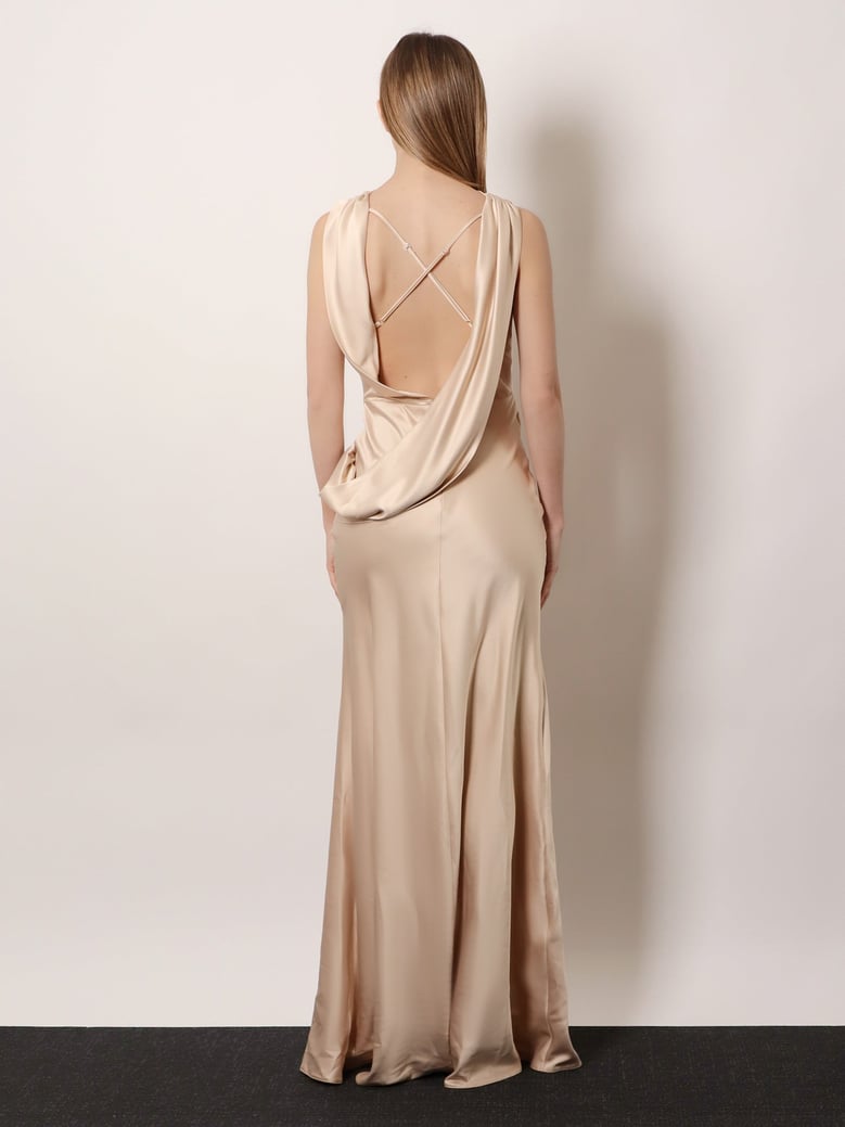 beige satin dress by Selfnex