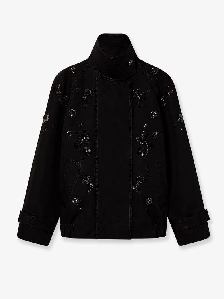 black denim jacket with floral sequin details by Selfnex
