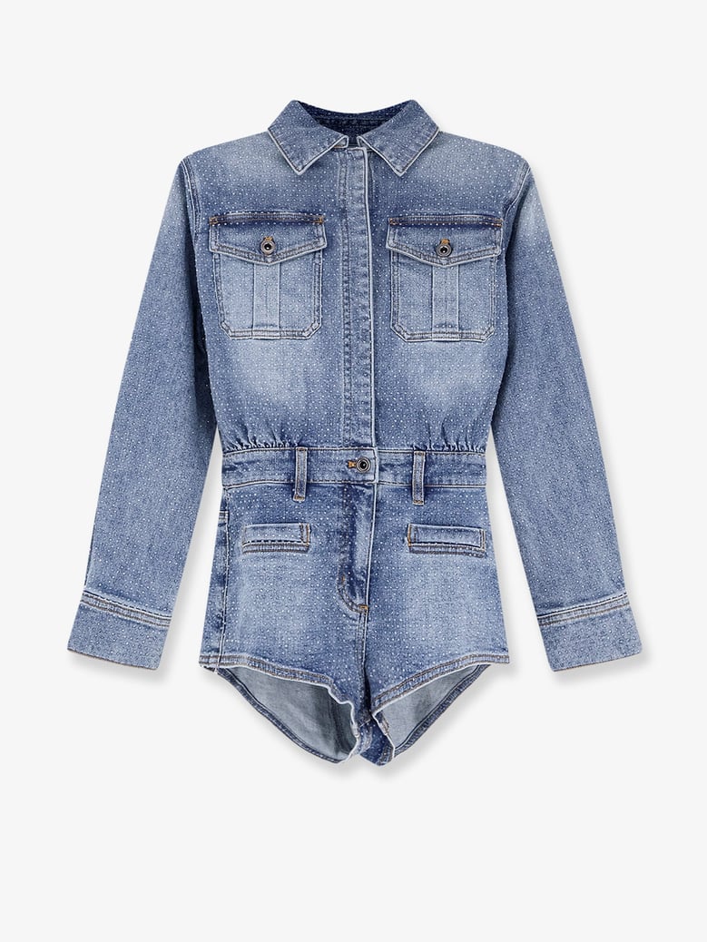 denim jumpsuit with rhinestones by Selfnex