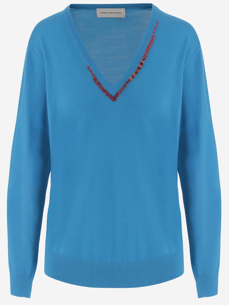 wool sweater with embellished v-neck, navy by Selfnex