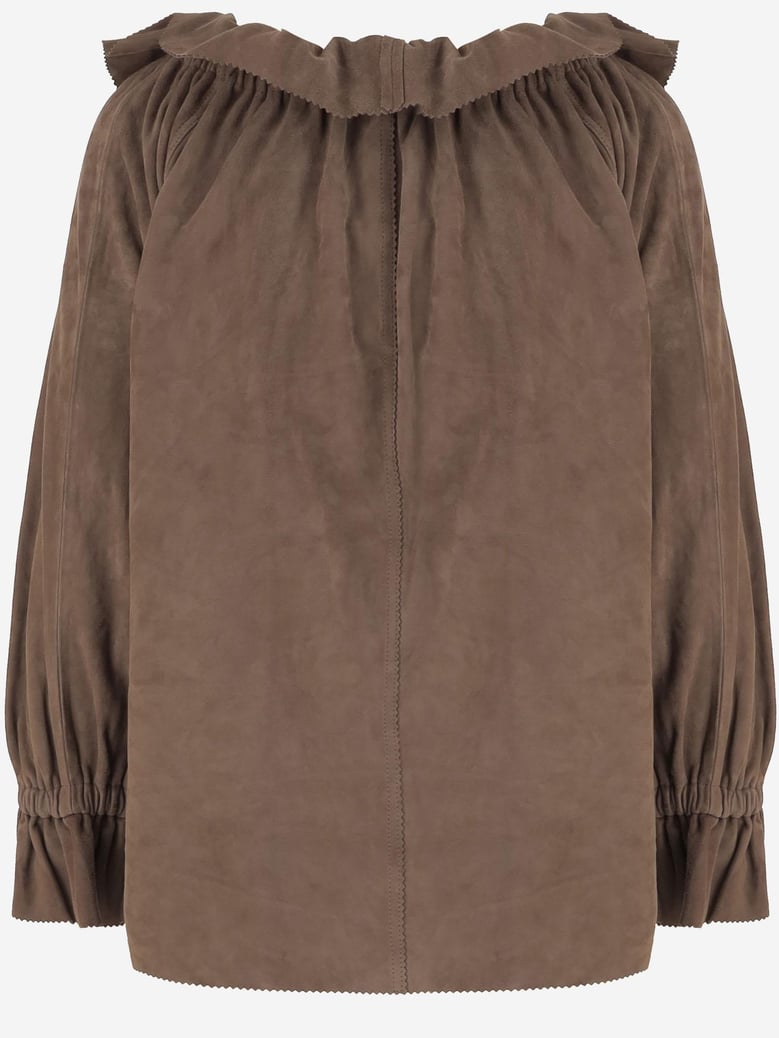 suede blouse with ruffled neckline by Selfnex