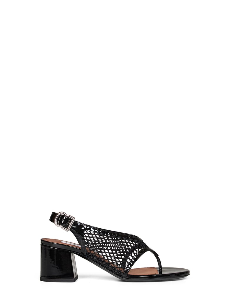 heeled thong sandals black fishnet & patent by Selfnex