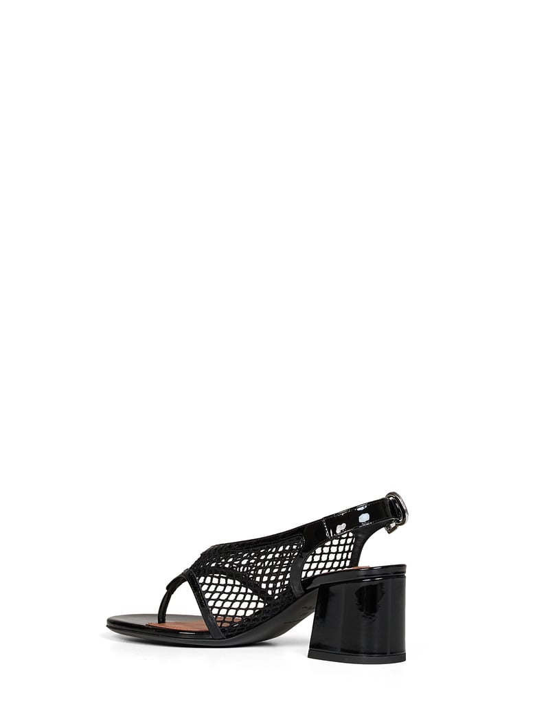 heeled thong sandals black fishnet & patent by Selfnex