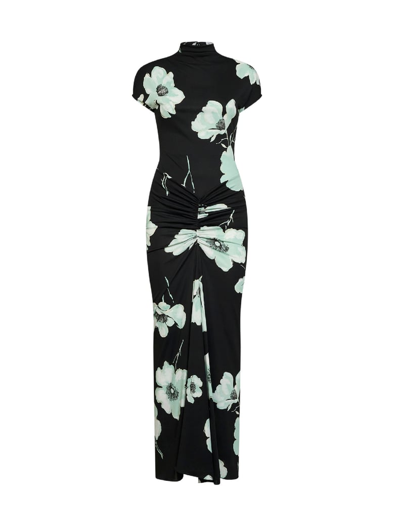 long draped jersey dress black/aqua print by Selfnex