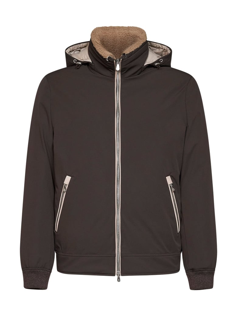 hooded bonded nylon down jacket dark brown by Selfnex