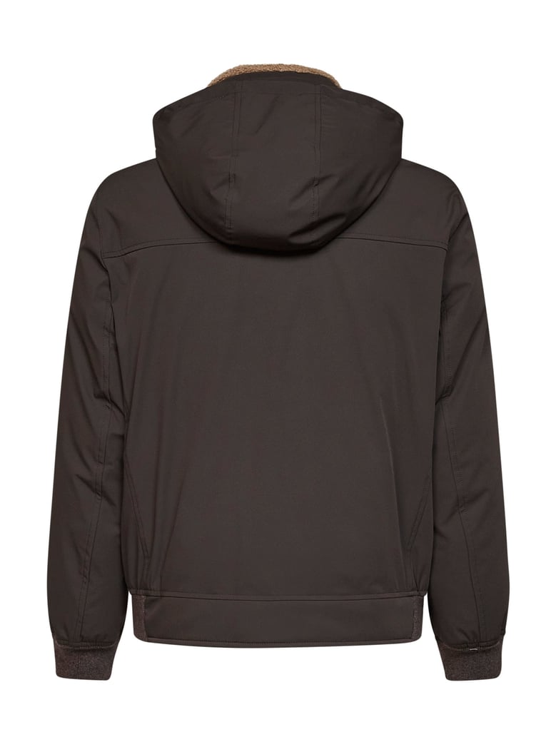 hooded bonded nylon down jacket dark brown by Selfnex