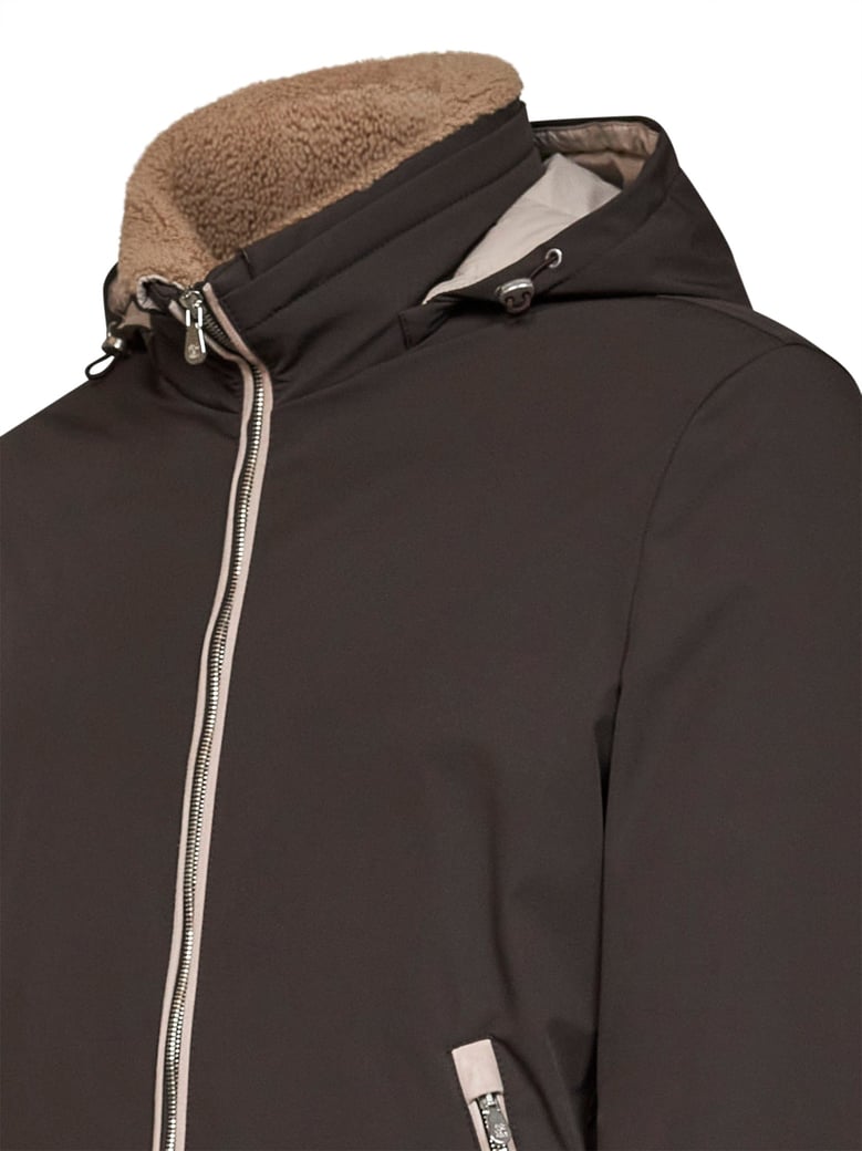 hooded bonded nylon down jacket dark brown by Selfnex