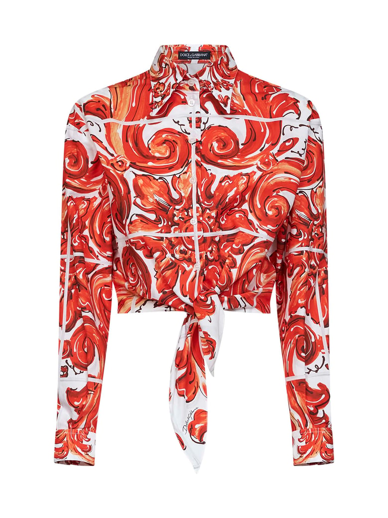 cropped maiolica-print shirt, orange by Selfnex