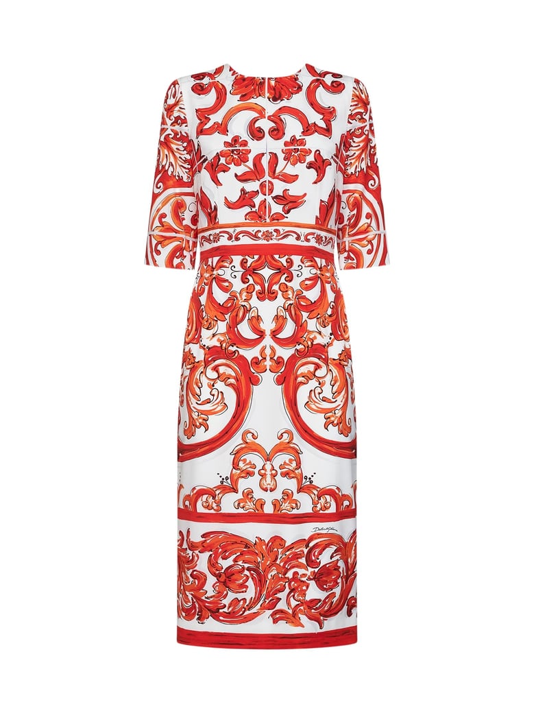 midi dress in orange maiolica print by Selfnex