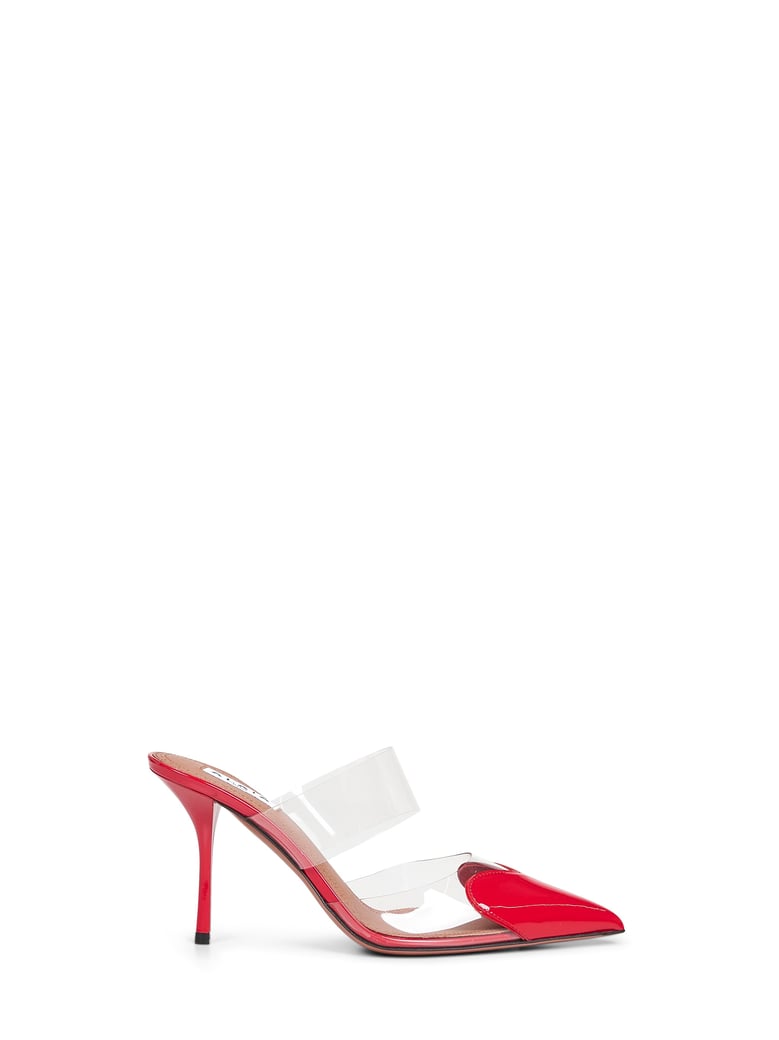 red pvc and patent leather mules by Selfnex