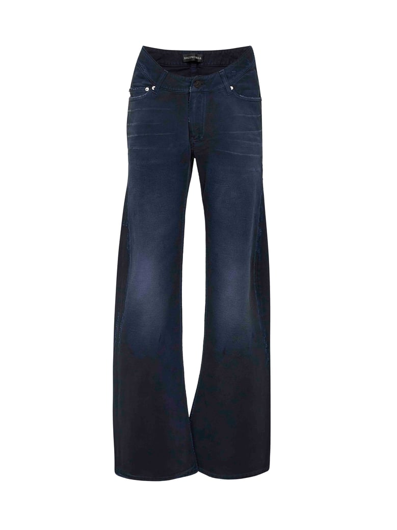 blue cotton denim curved waist jeans by Selfnex