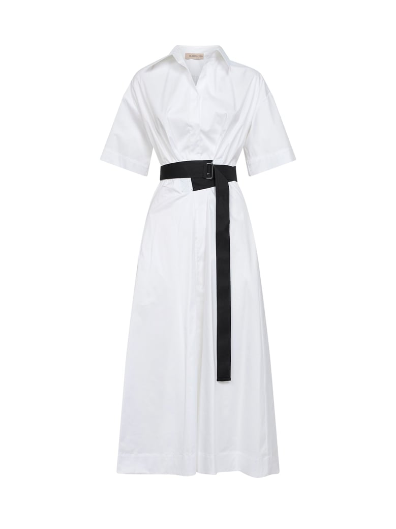 white stretch poplin belted midi dress by Selfnex