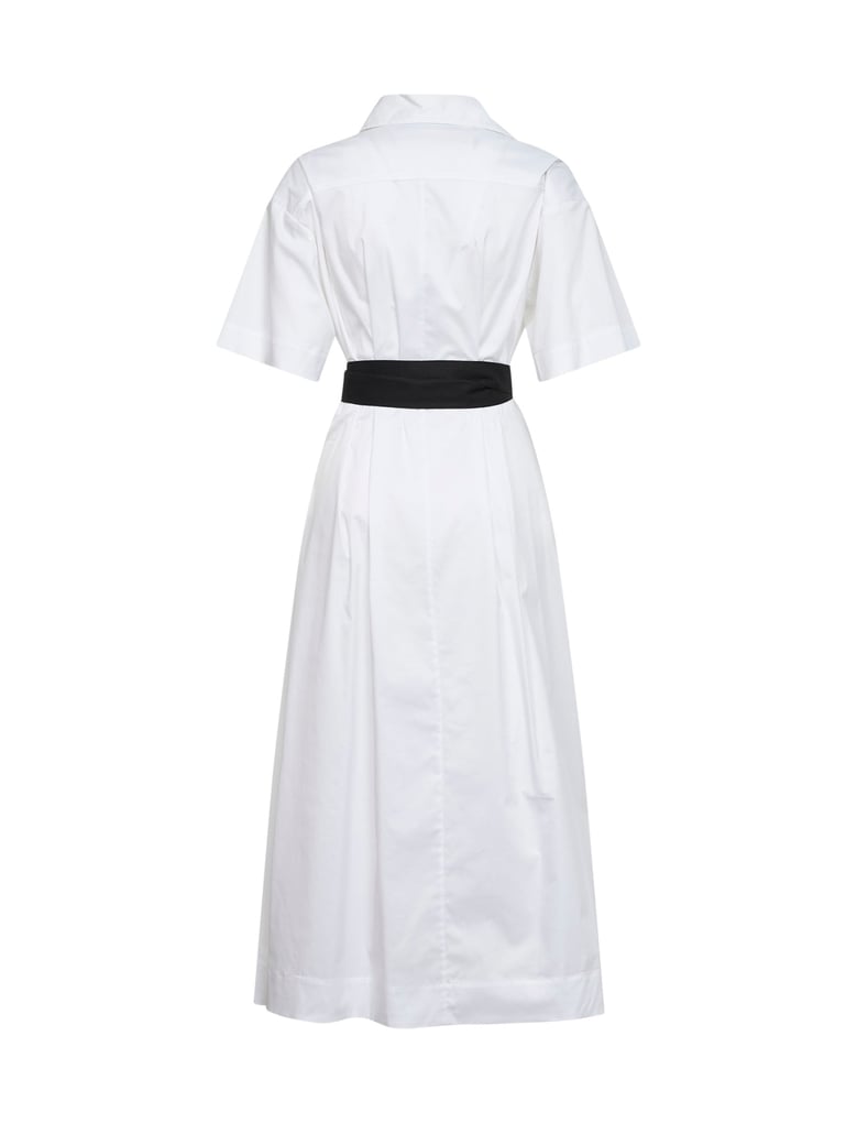 white stretch poplin belted midi dress by Selfnex