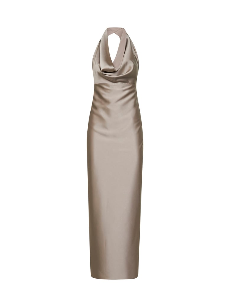 taupe satin long dress by Selfnex