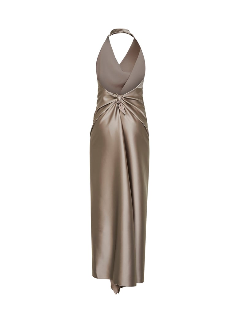 taupe satin long dress by Selfnex