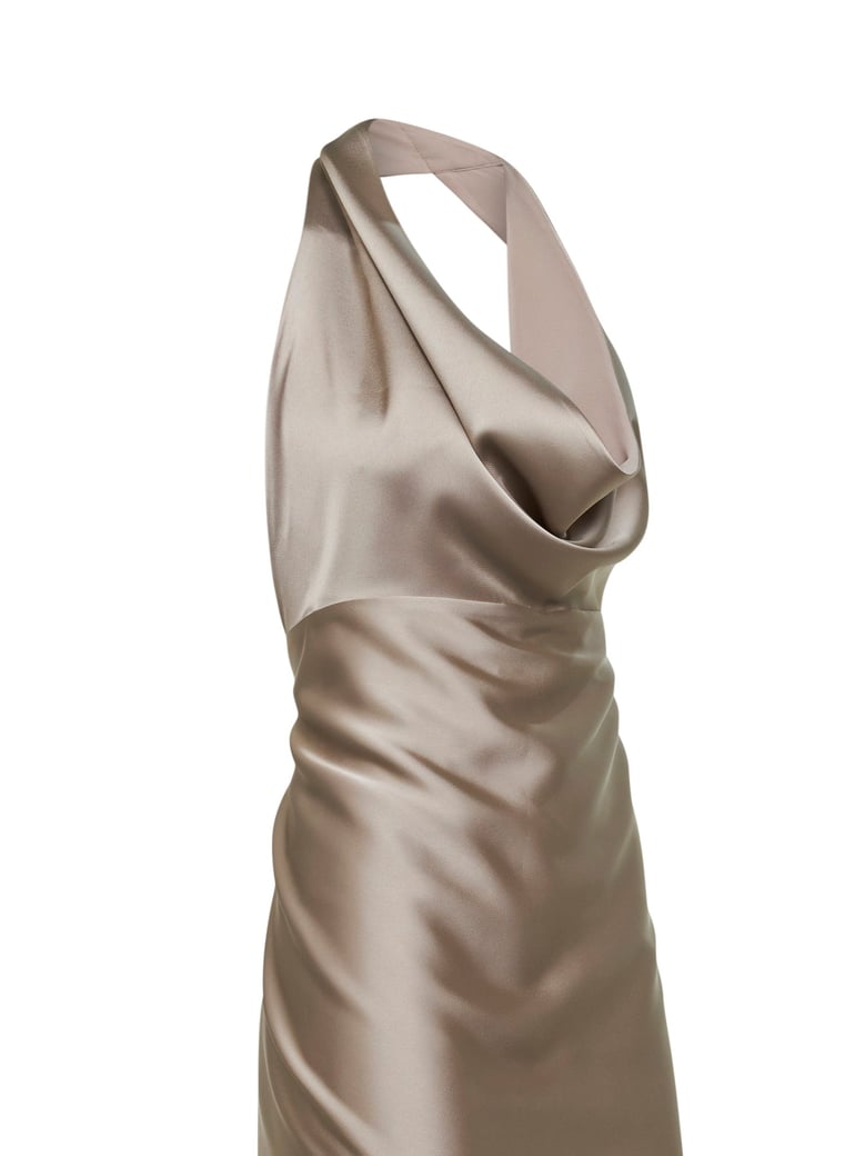 taupe satin long dress by Selfnex