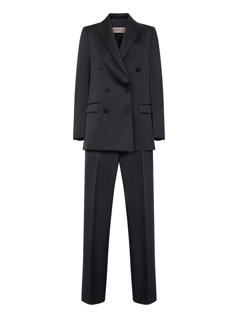midnight blue satin suit by Selfnex