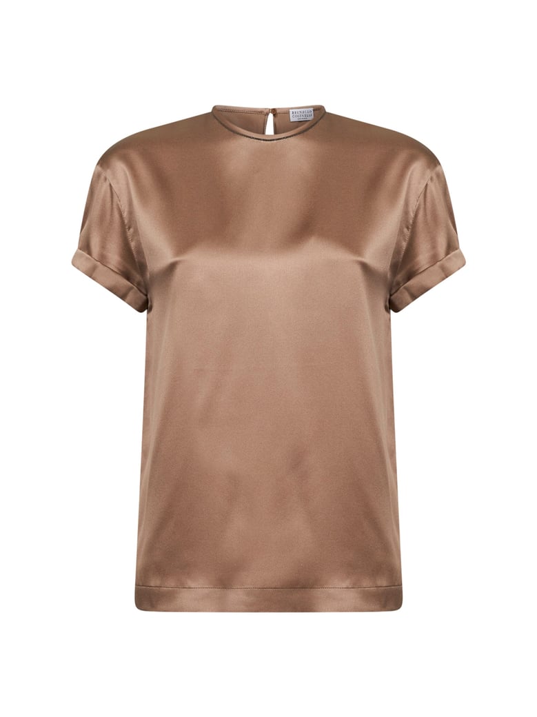beige stretch silk satin blouse by Selfnex