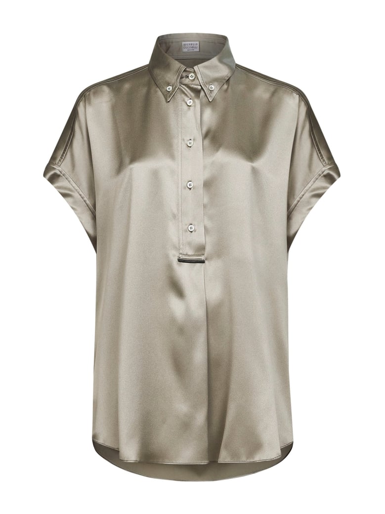 green stretch satin monili shirt by Selfnex