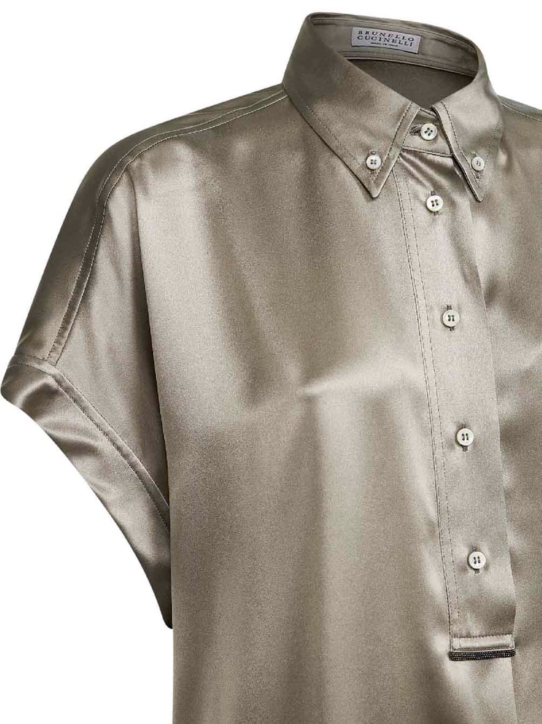 green stretch satin monili shirt by Selfnex