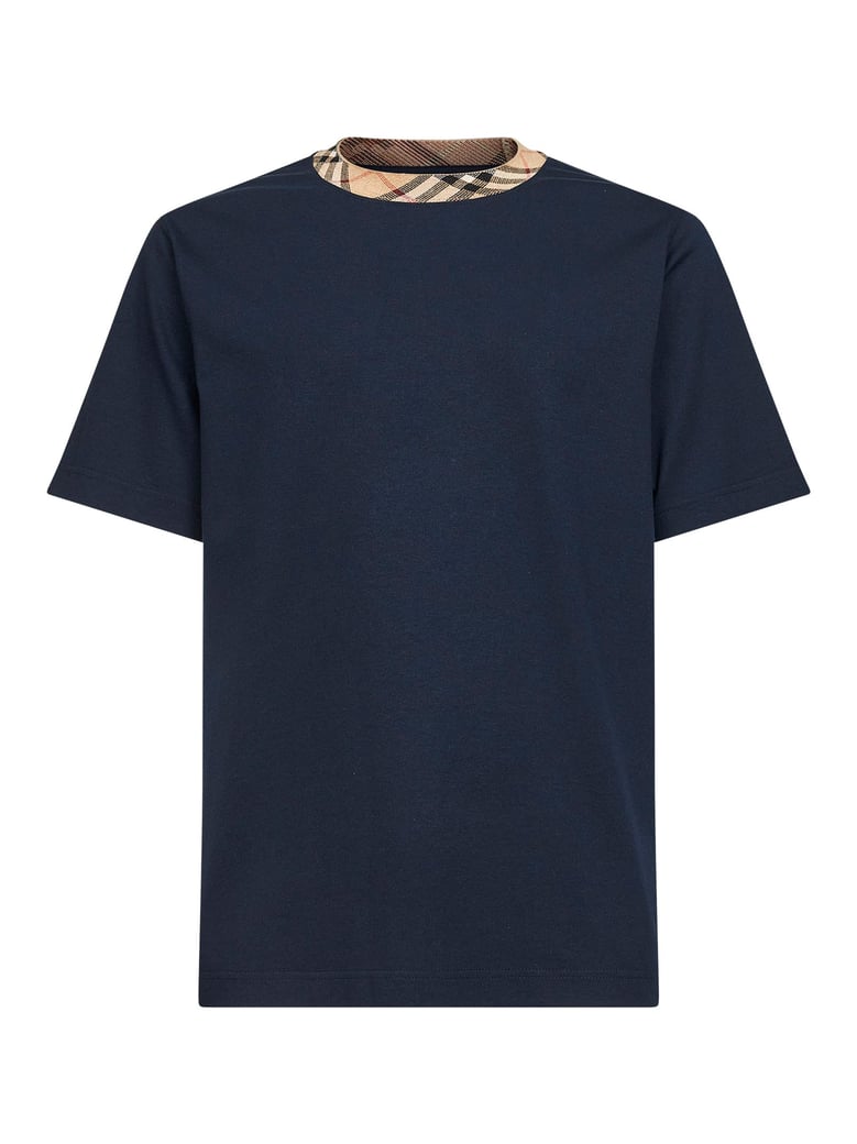 navy blue cotton check trims t-shirt by Selfnex