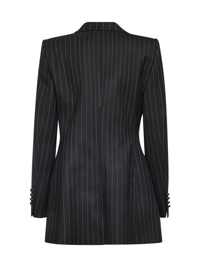black pinstriped stretch wool jacket by Selfnex