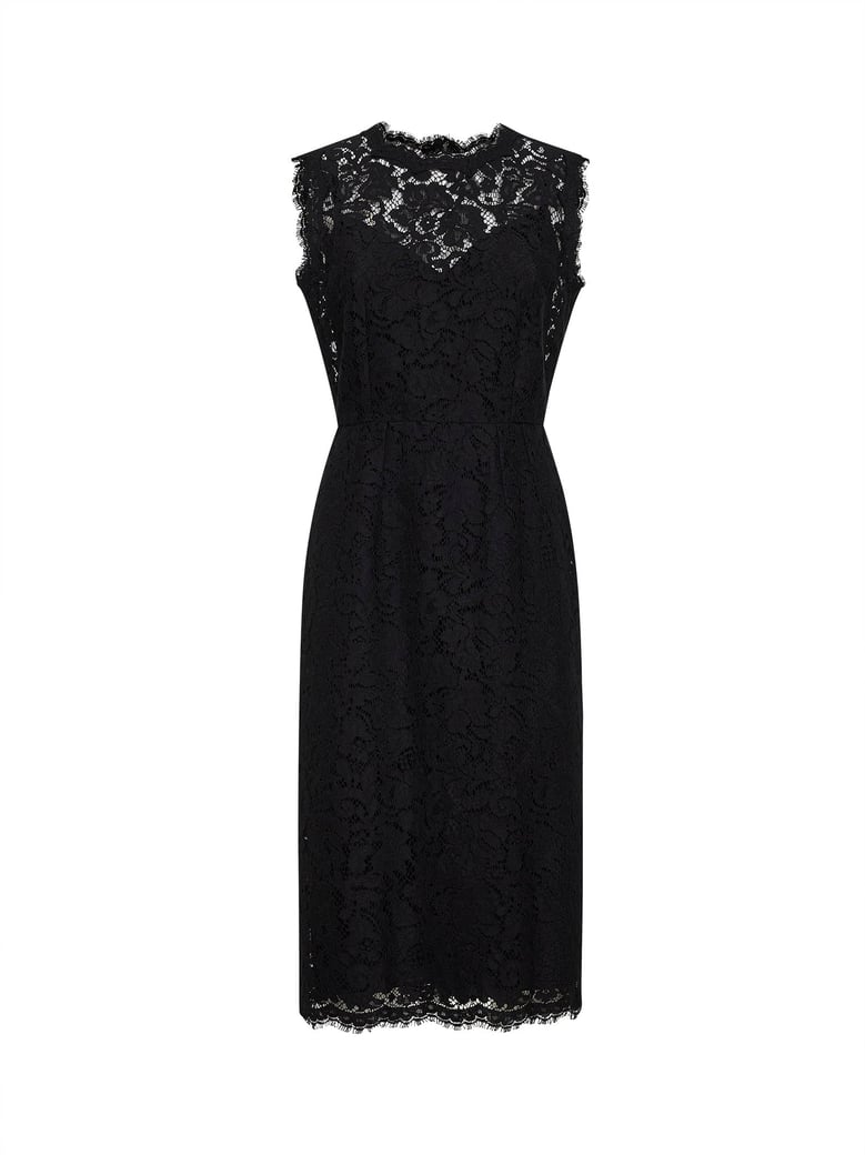 black lace calf-length sheath dress by Selfnex