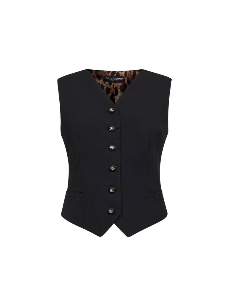 black stretch wool vest with leopard-print back by Selfnex