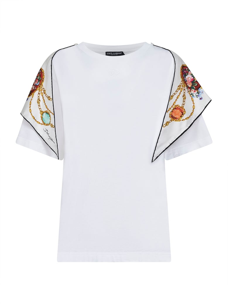 white jersey t-shirt with printed silk scarf by Selfnex