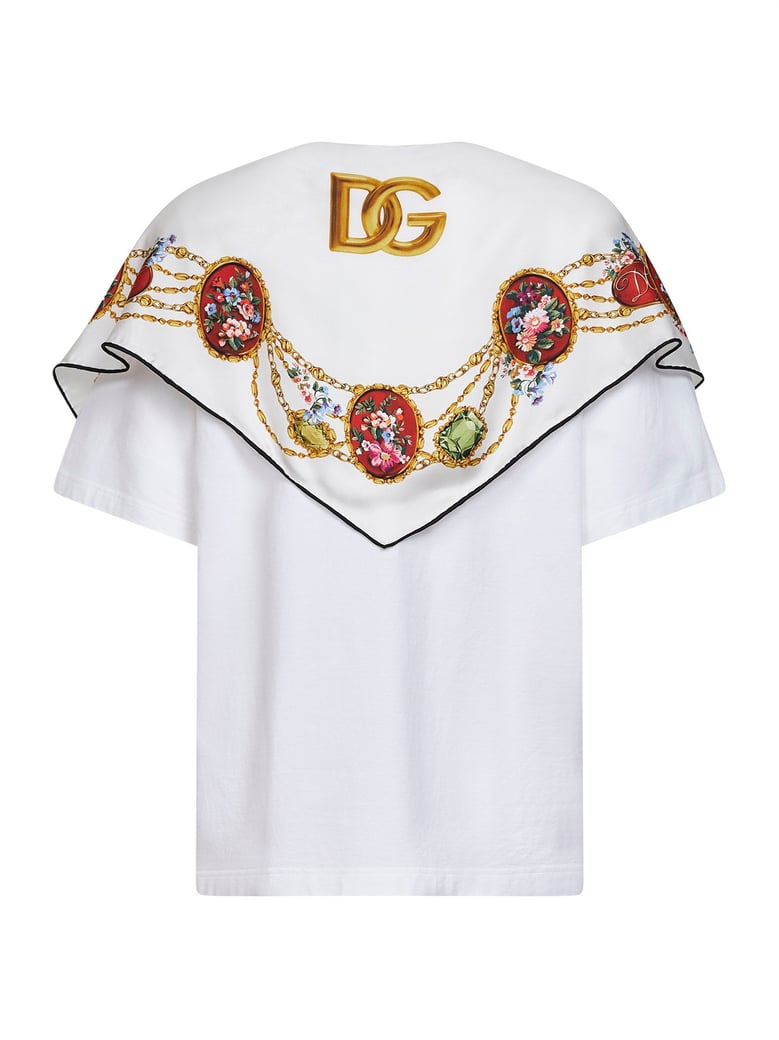 white jersey t-shirt with printed silk scarf by Selfnex