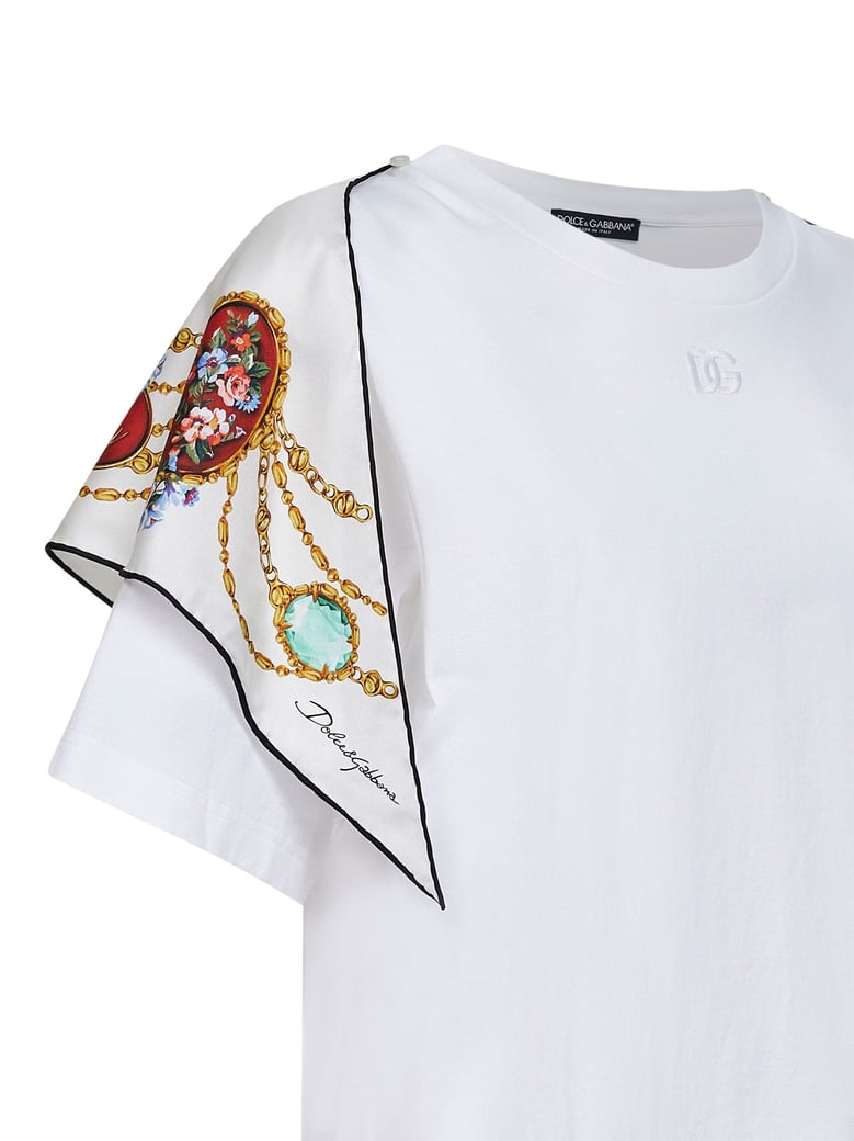 white jersey t-shirt with printed silk scarf by Selfnex