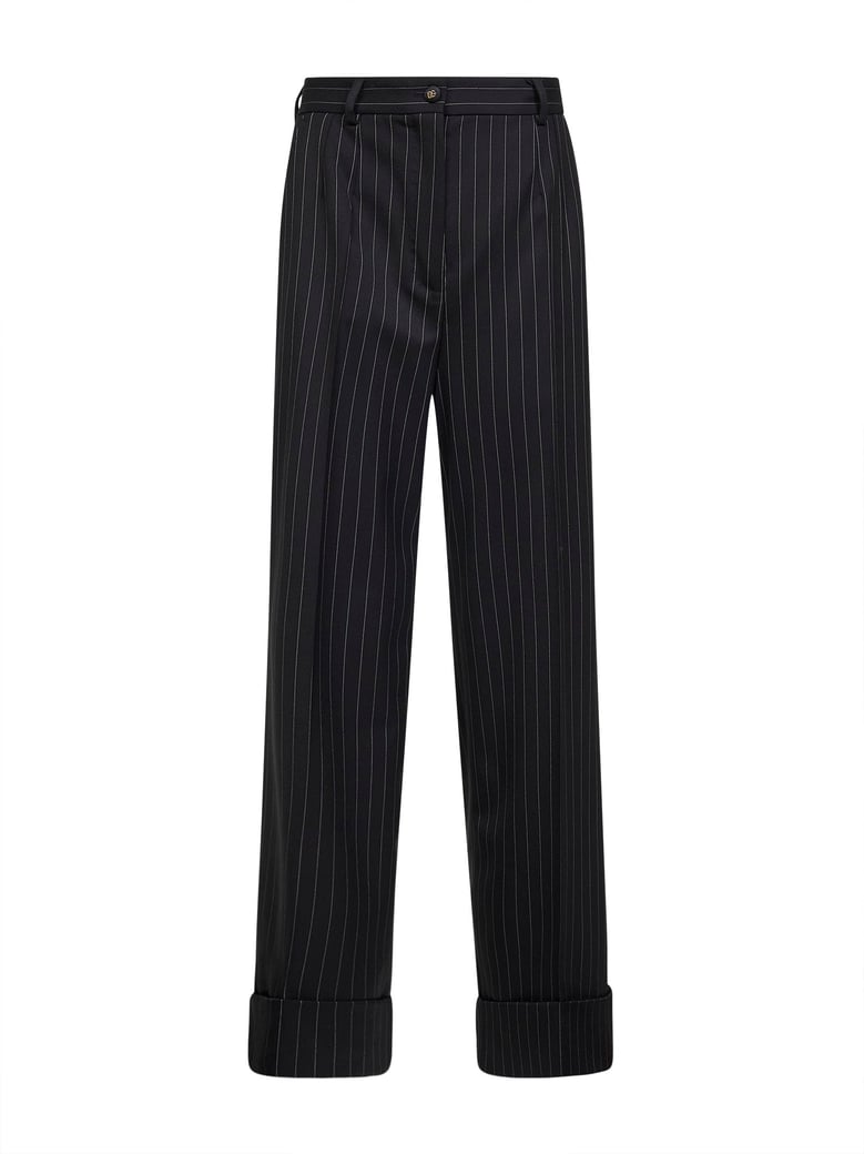 black two-way stretch twill pinstriped trousers by Selfnex