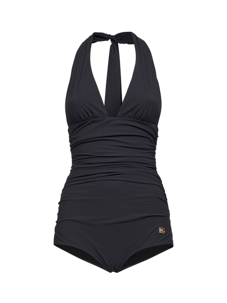 black draped one-piece swimsuit by Selfnex