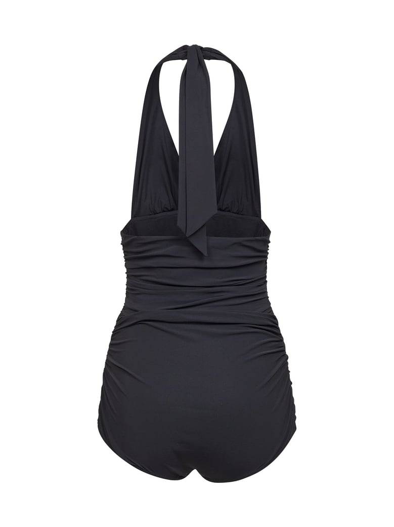 black draped one-piece swimsuit by Selfnex