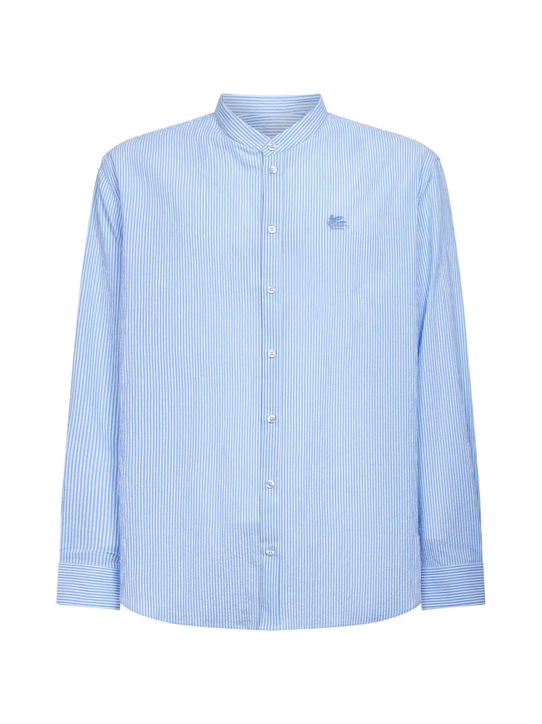 light blue striped seersucker cotton logo shirt by Selfnex