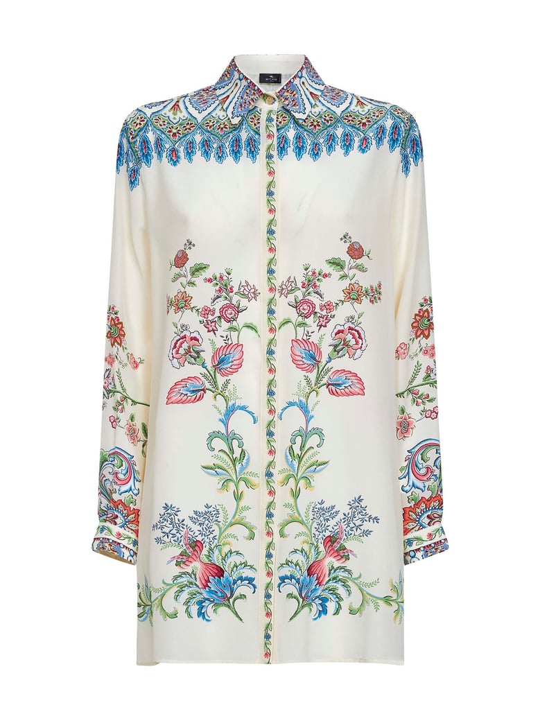 cream floral-printed silk long shirt by Selfnex