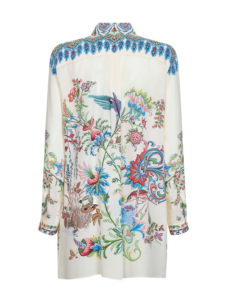cream floral-printed silk long shirt by Selfnex