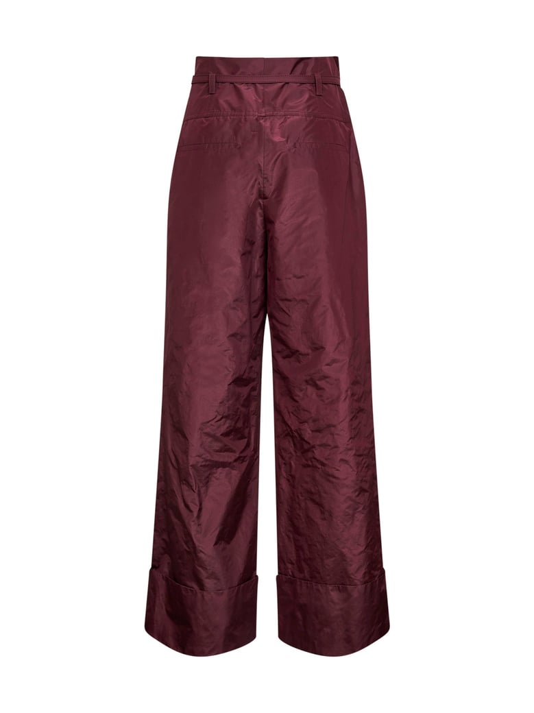 burgundy silk taffeta high-rise trousers by Selfnex