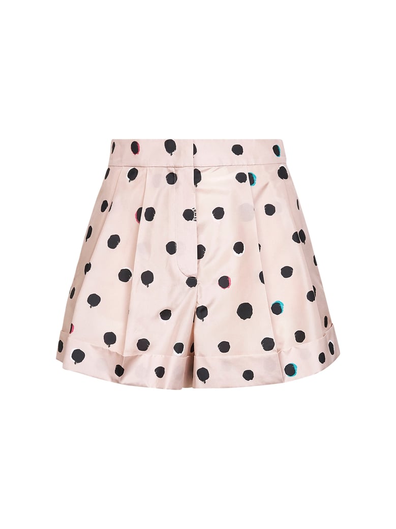 pink printed silk taffeta shorts by Selfnex