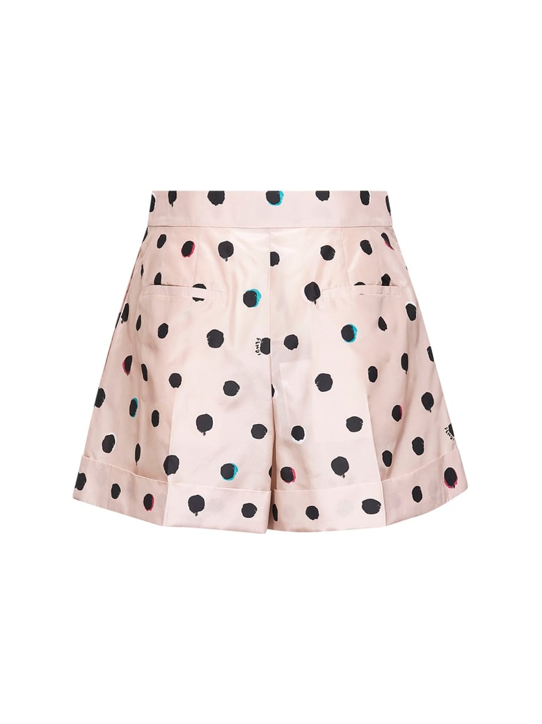 pink printed silk taffeta shorts by Selfnex