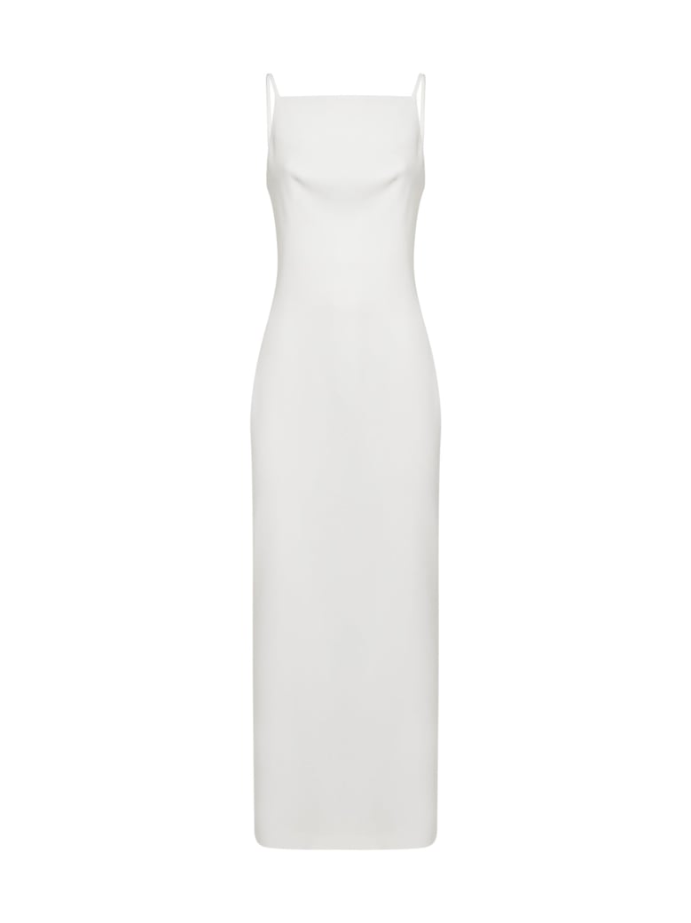 ivory crepe cady long dress with slit by Selfnex
