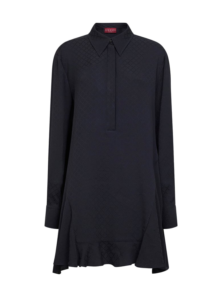 dark blue jacquard silk blend mini shirt dress by Selfnex